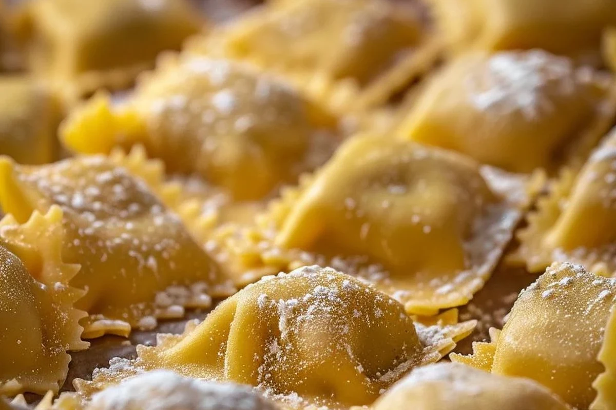 Fresh homemade ravioli dough rolled thin with flour, eggs, and pasta tools on a kitchen counter
