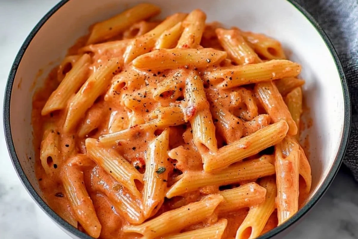 Creamy pink sauce pasta in a bowl with basil and Parmesan on a kitchen counter