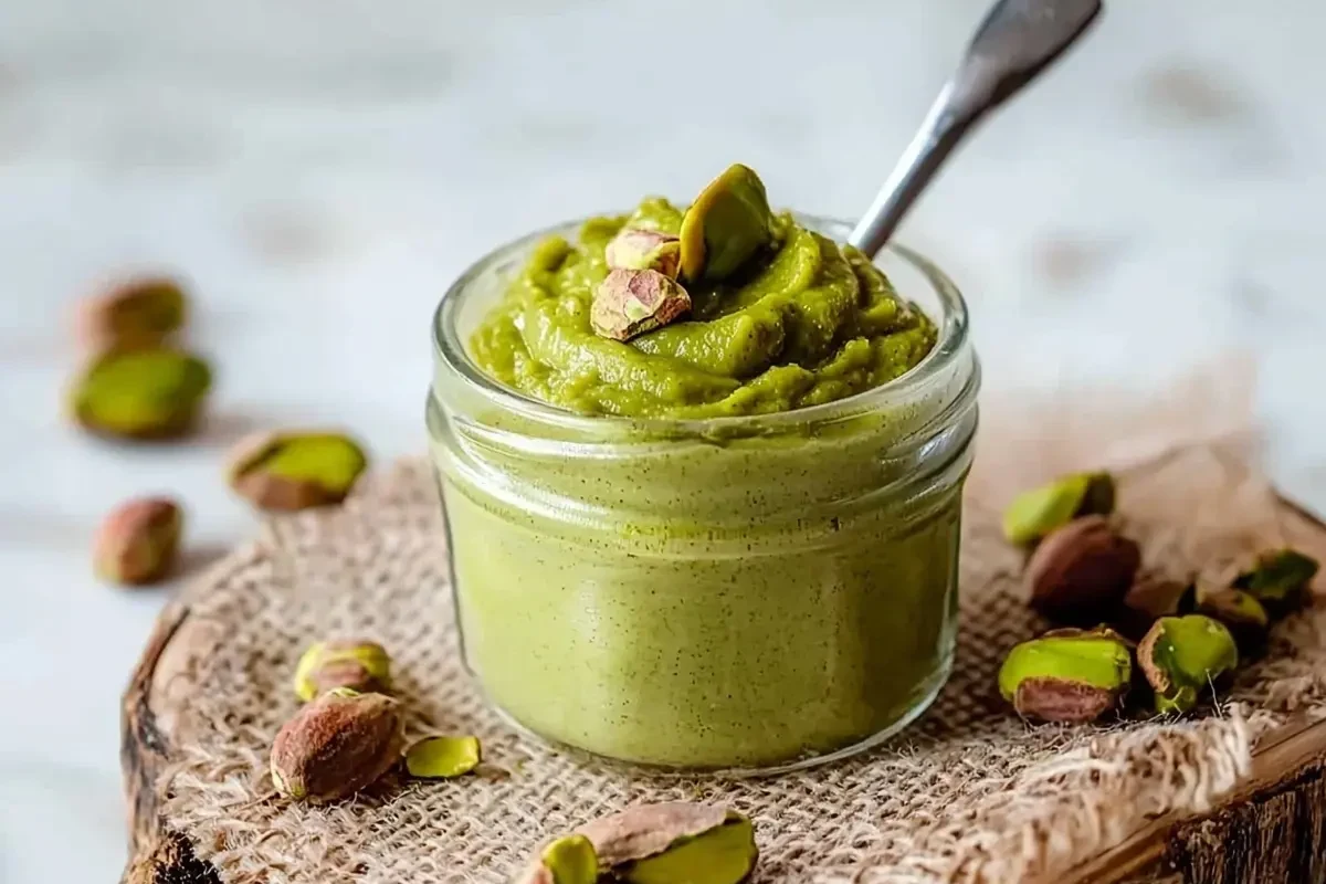 Homemade pistachio paste in a bowl with shelled pistachios and a spoon