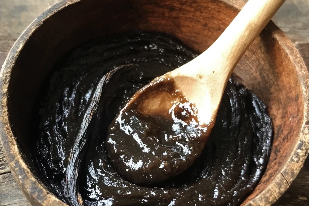 Vanilla bean paste in a glass jar with split vanilla beans and baking tools