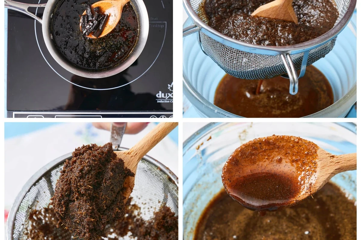 Vanilla bean paste in a glass jar with split vanilla beans and baking tools