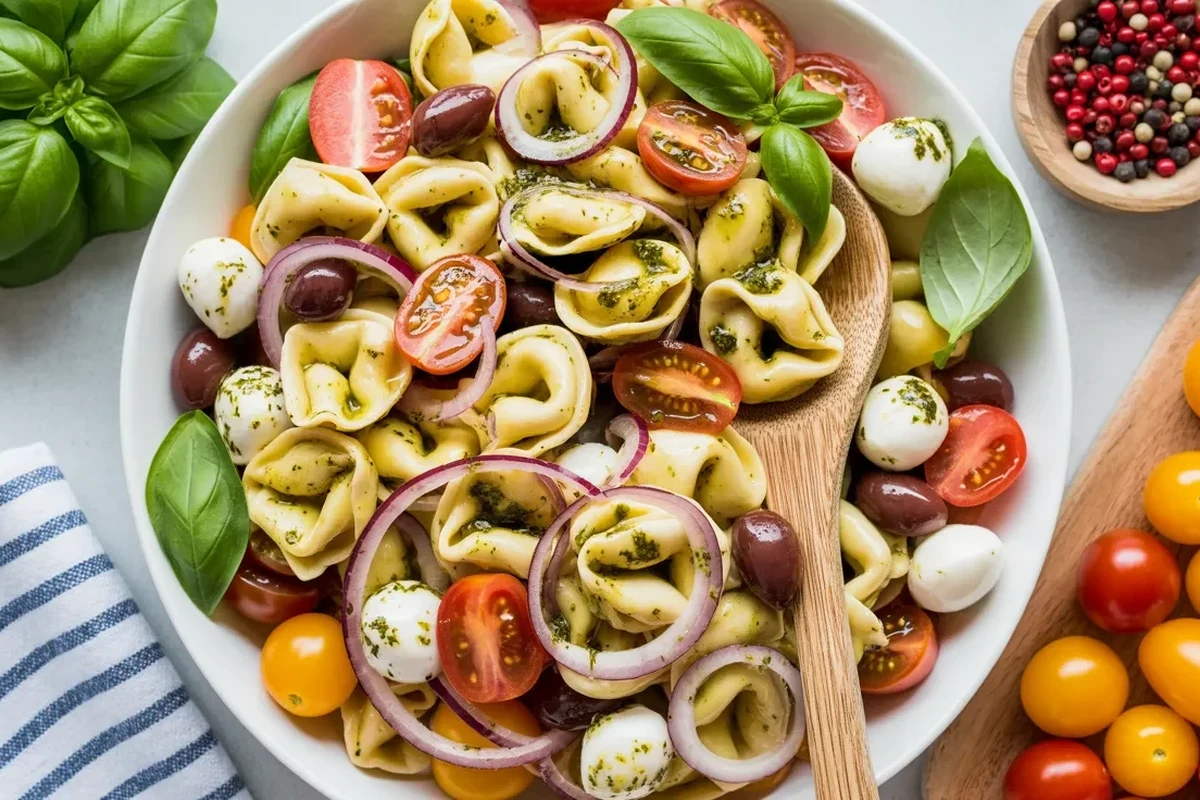 A bowl of pasta salad with vegetables, dressing, and a measuring cup beside it