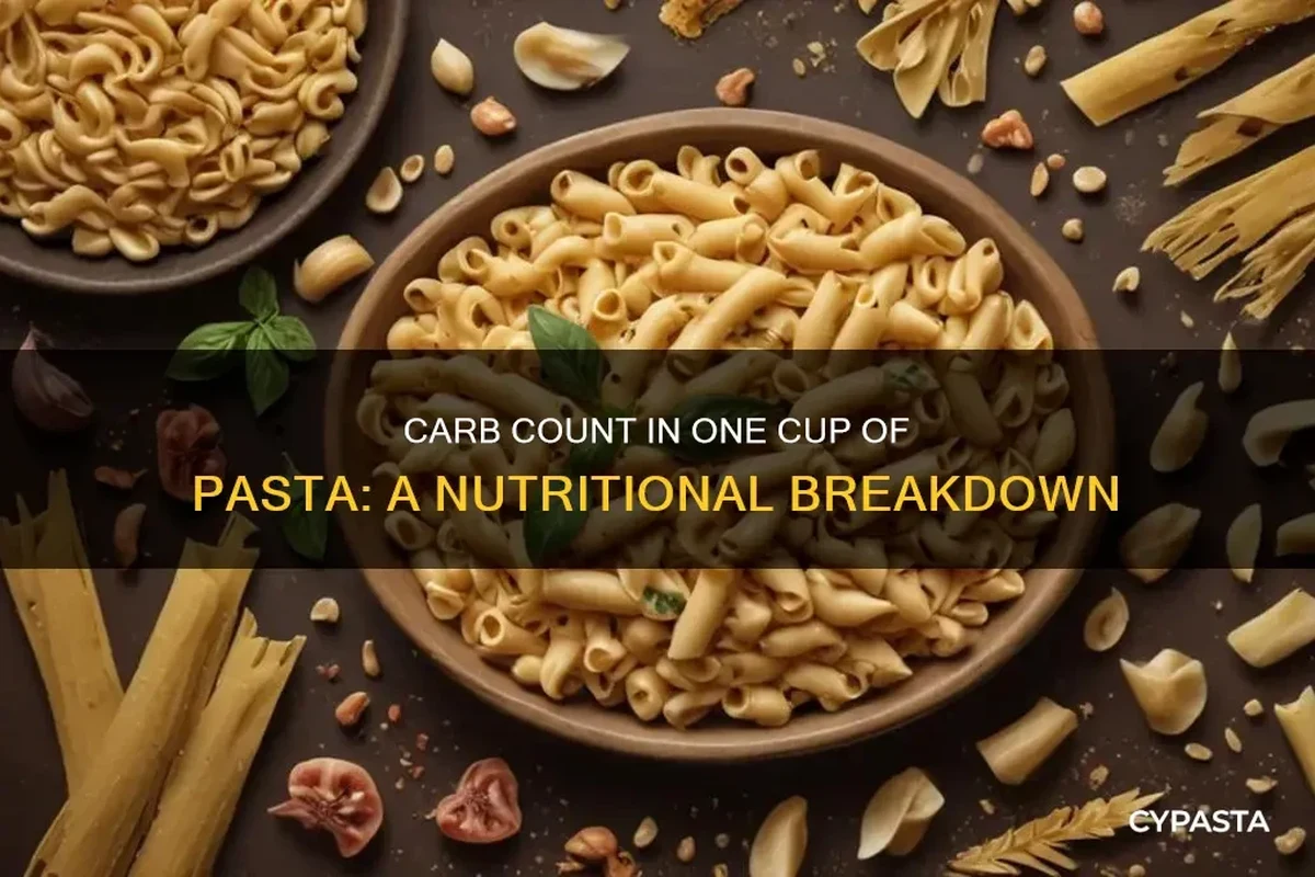 Bowl of cooked pasta with measuring cup and nutrition label on a kitchen counter