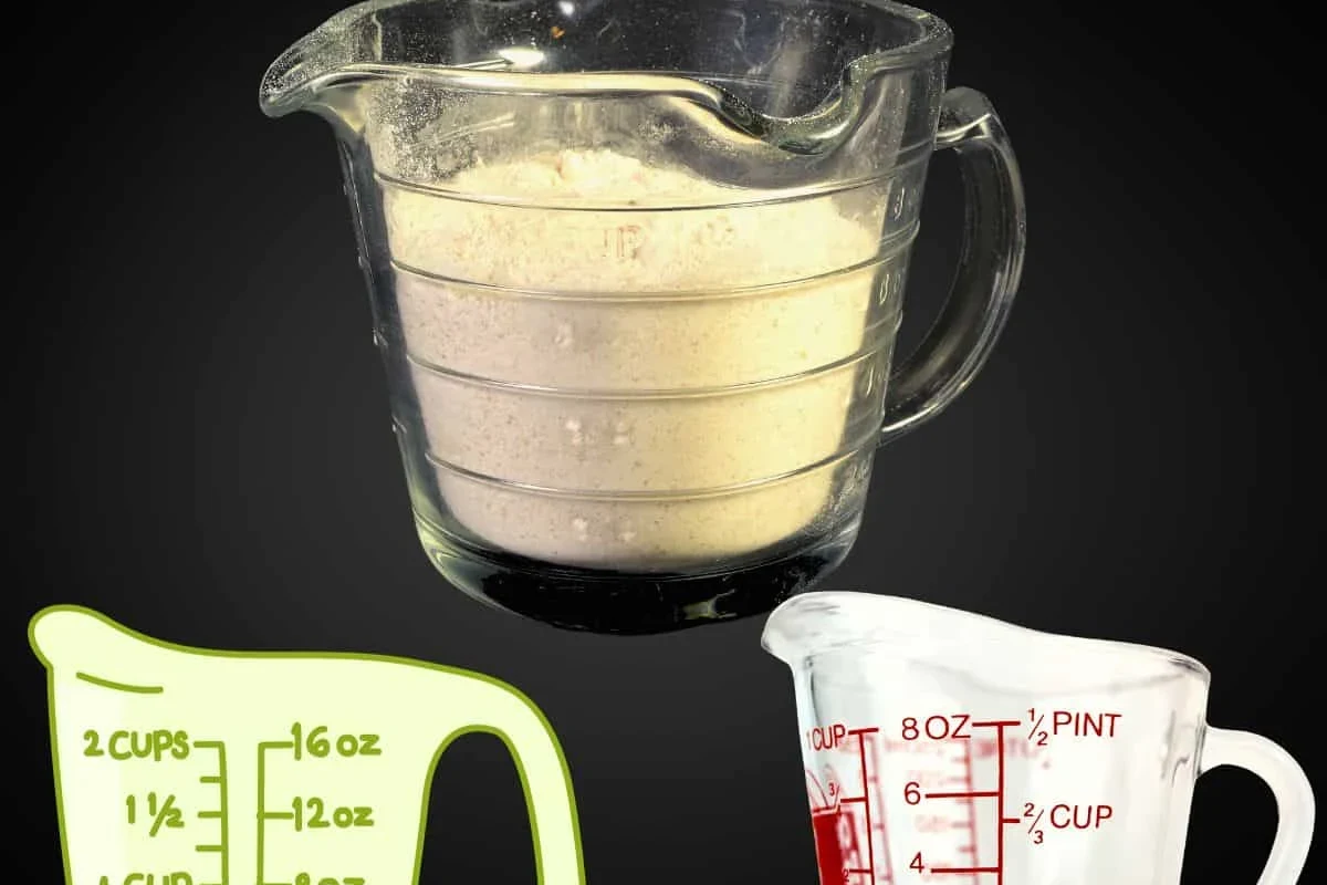 Measuring dry pasta in a cup beside a kitchen scale on a countertop
