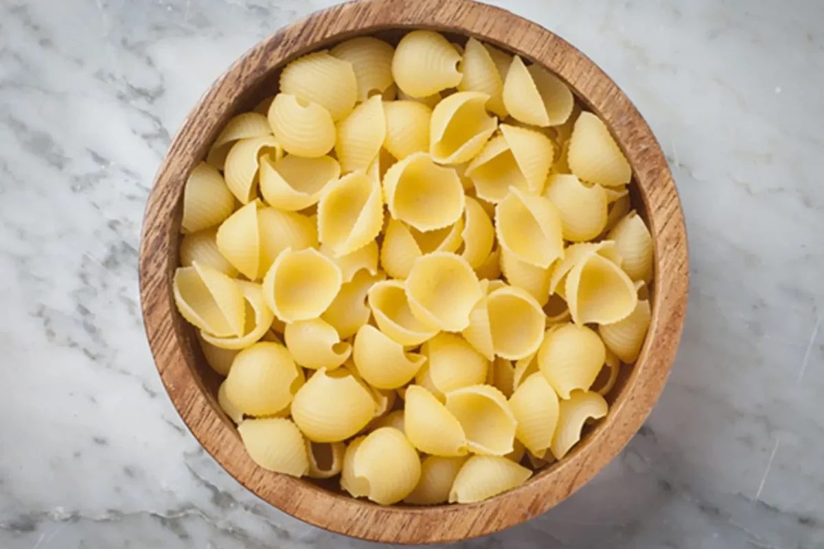 Dry pasta portions in a measuring cup and kitchen scale on a home kitchen counter