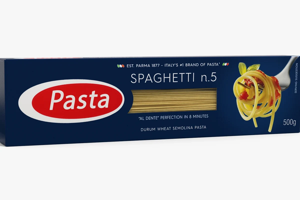 Dry pasta cups measured beside a box of pasta in a home kitchen