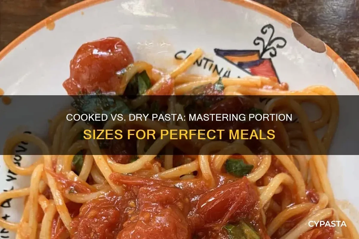 Measuring dry pasta in a cup beside a bowl of cooked pasta in a home kitchen