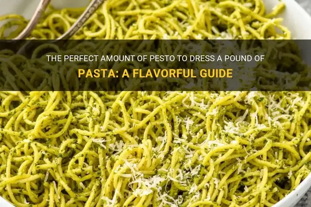 Bowl of pesto pasta with spoon, pasta water, and basil on a kitchen counter