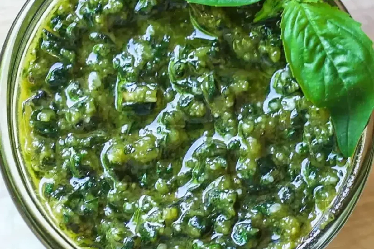 Bowl of pesto pasta with spoon, pasta water, and basil on a kitchen counter