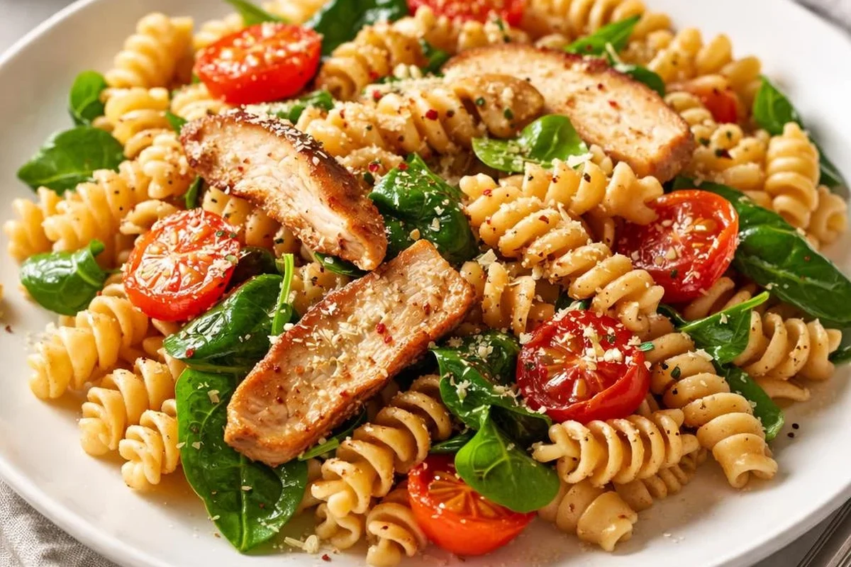 Bowl of pasta with protein-rich toppings and a nutrition label beside it
