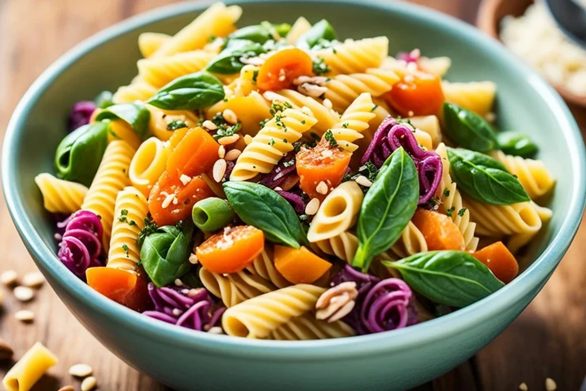 Bowl of pasta with protein-rich toppings and a nutrition label beside it