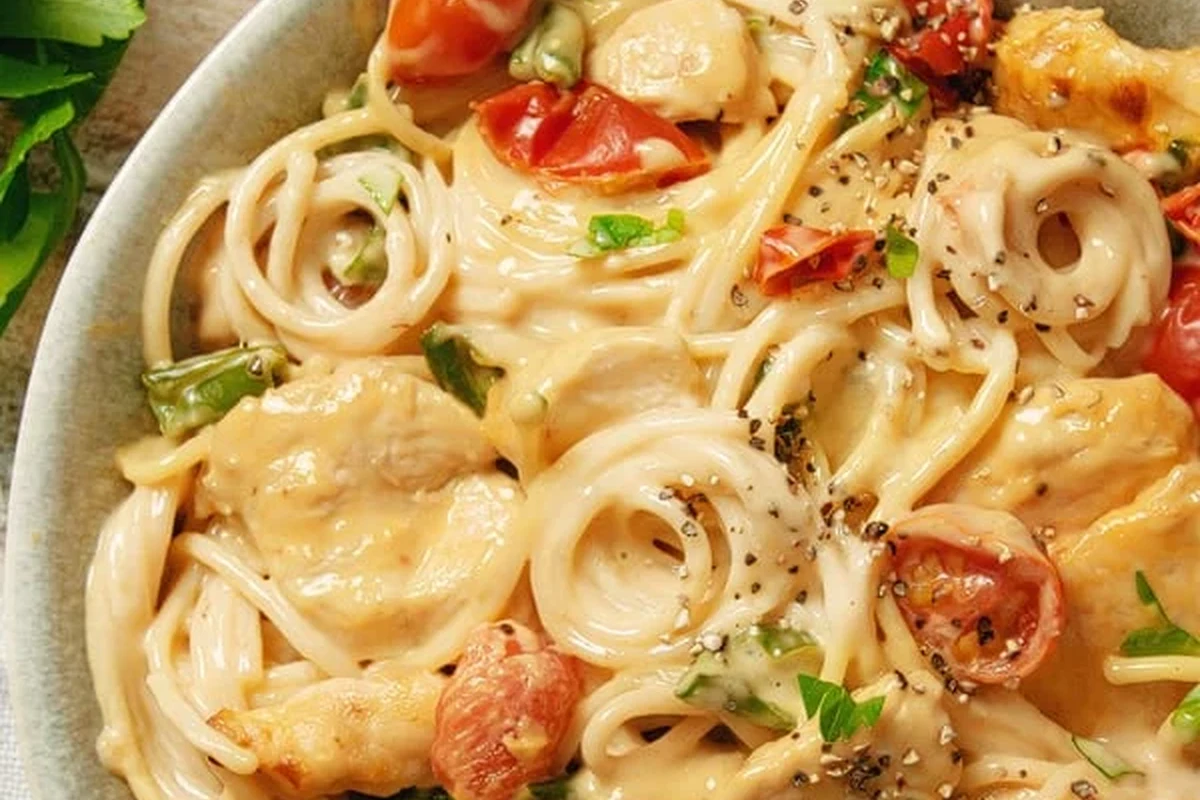 Creamy Velveeta pasta in a pan with cooked noodles and melted cheese sauce