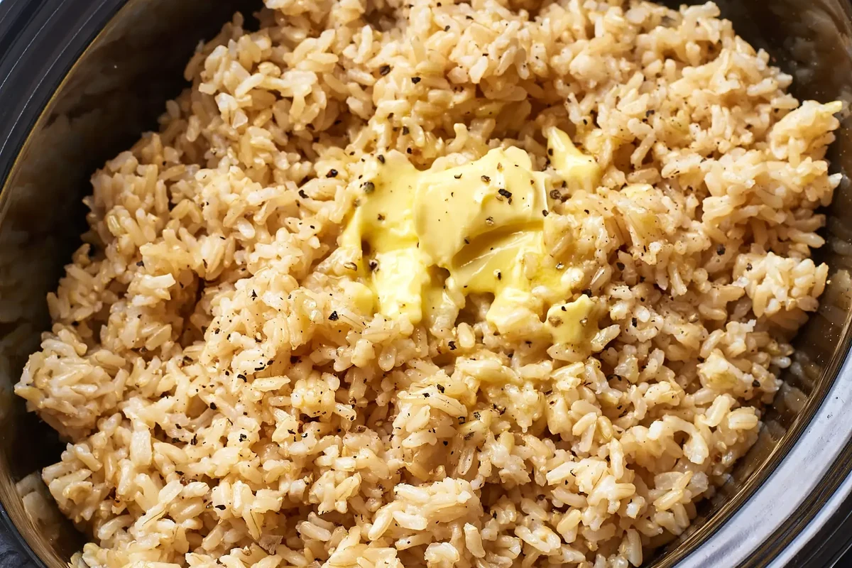 Brown rice cooking in a rice cooker with measured water and fluffy grains