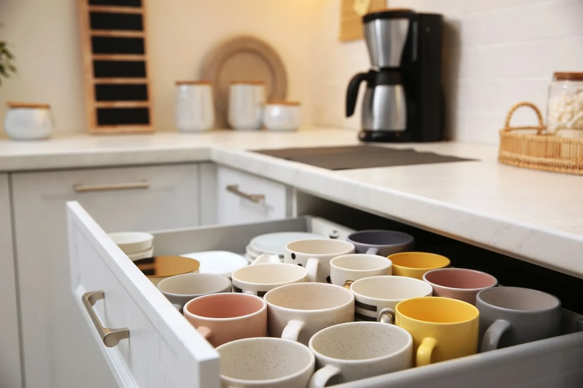 Assorted coffee mugs on a kitchen shelf, including ceramic, glass, and travel mugs