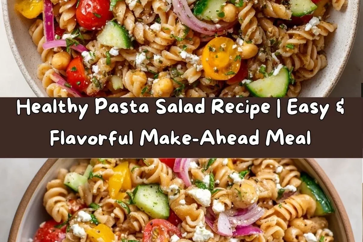Bowl of pasta salad with vegetables, herbs, and a light dressing on a kitchen table