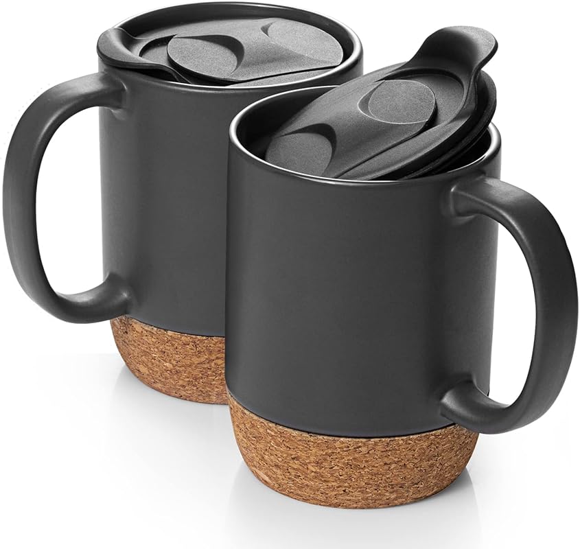 DOWAN 15 oz Ceramic Coffee Mug Set of 2 with Cork Bottom and Lid