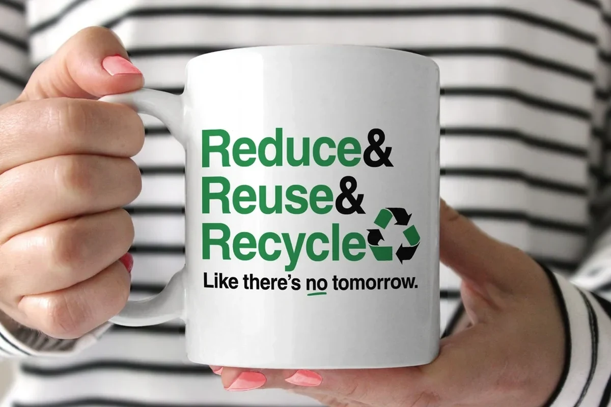 Coffee mugs sorted by ceramic, glass, metal travel, and plastic for recycling and reuse