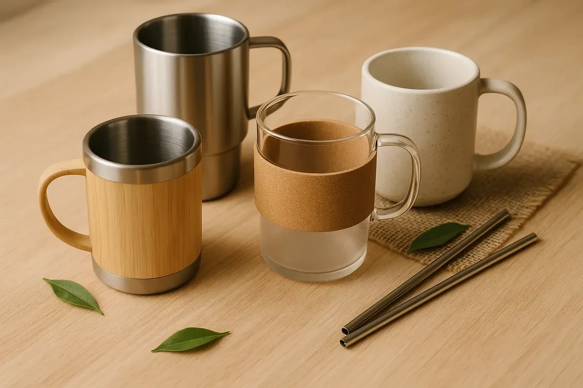 Coffee mugs sorted for reuse, donation, and recycling on a kitchen counter