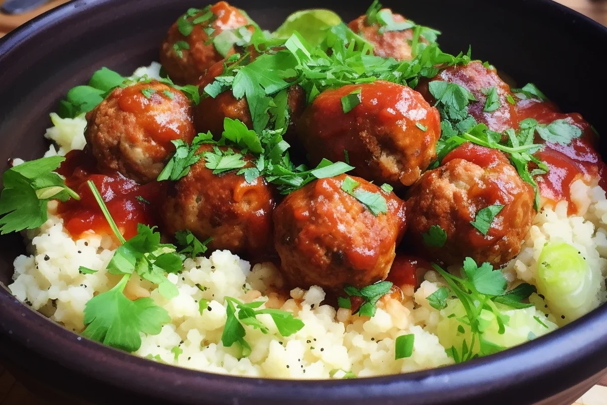Healthy meatballs served with roasted vegetables, quinoa, and a light tomato sauce