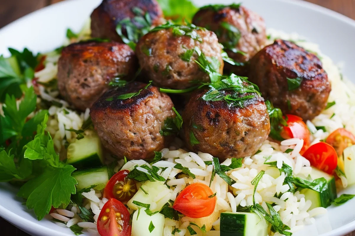 Healthy meatballs served with roasted vegetables, quinoa, and a light tomato sauce