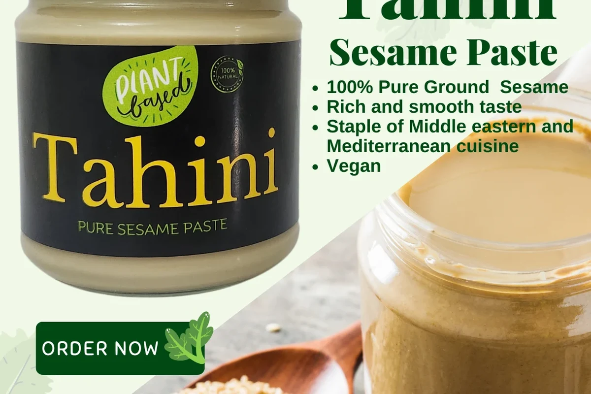 Jar of tahini and darker sesame paste side by side on a kitchen counter