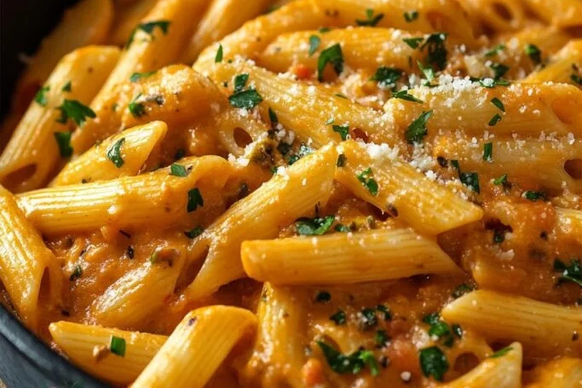 Bowl of pasta with tomato sauce, herbs, chili flakes, garlic, and Parmesan on a kitchen counter