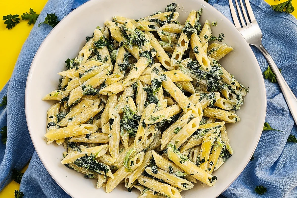 Bowl of spinach pasta with tomato sauce, vegetables, and a simple home kitchen setting