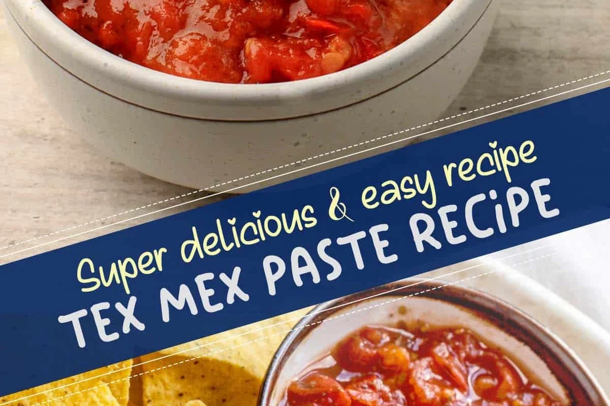 Jar of Tex-Mex paste beside pasta, spices, and a spoon on a kitchen counter