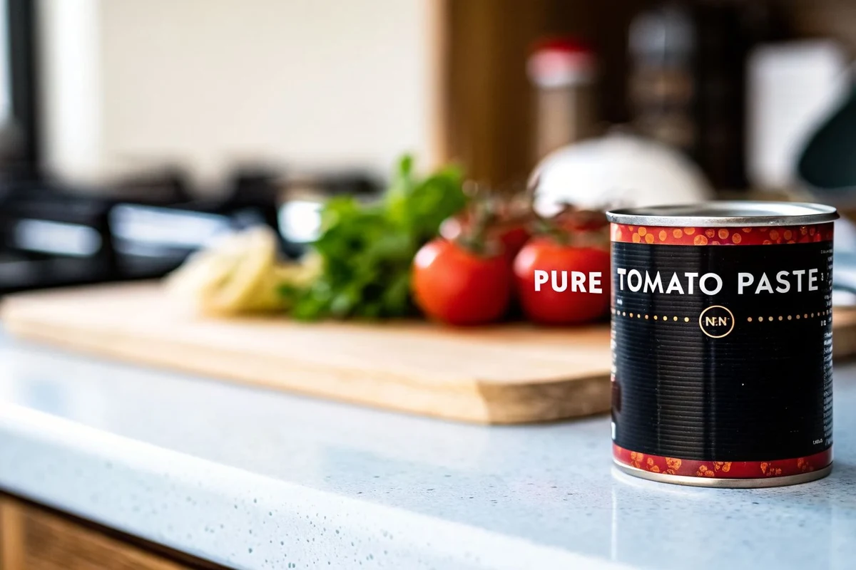Tomato paste in a small bowl with fresh tomatoes and gluten free cooking ingredients