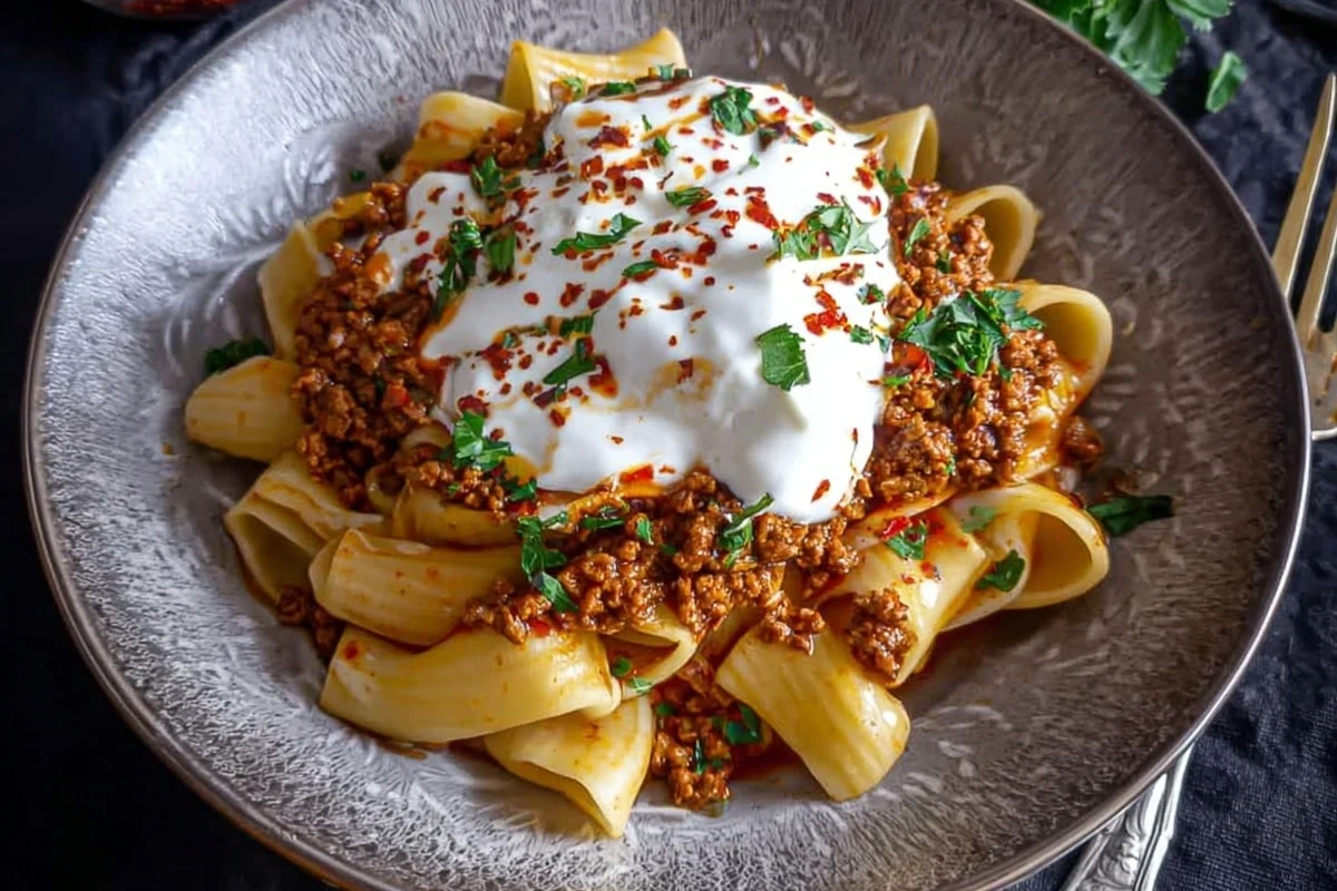 A bowl of Turkish-style pasta with tomato sauce, yogurt, herbs, and vegetables in a bright kitchen