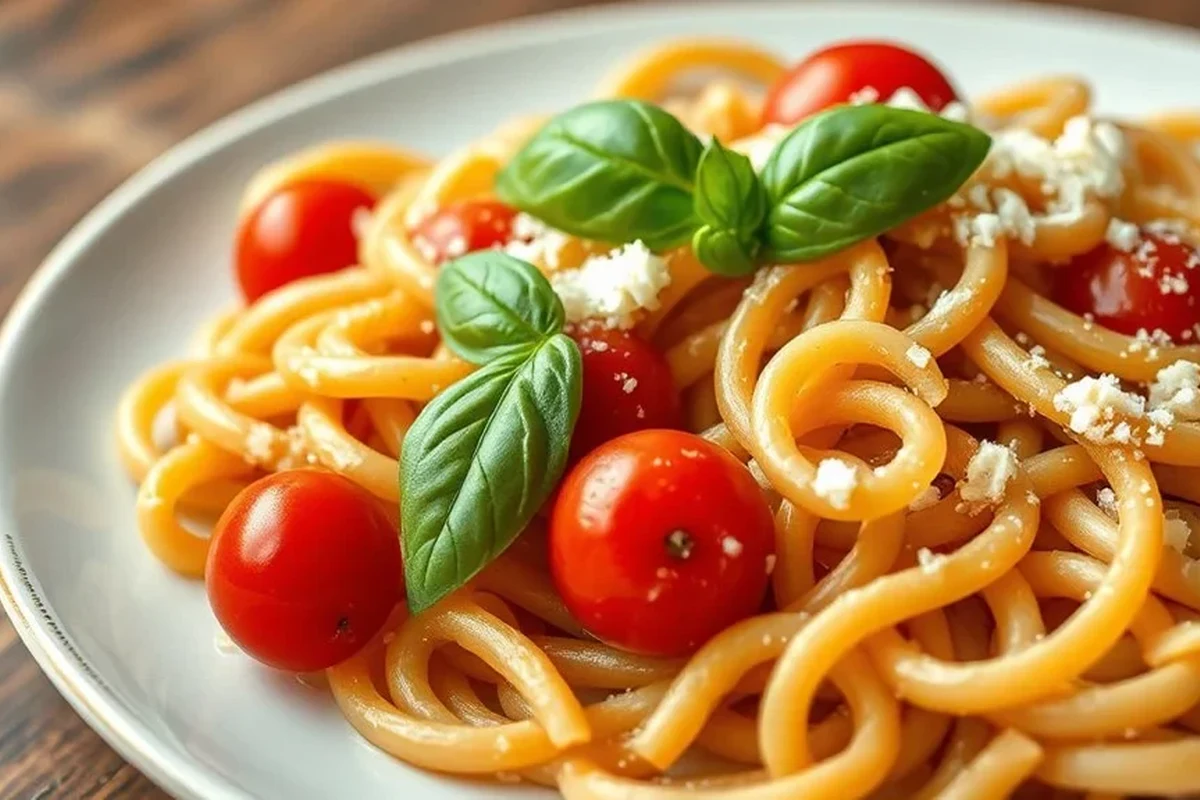 Bowl of whole wheat pasta with vegetables and tomato sauce on a kitchen table