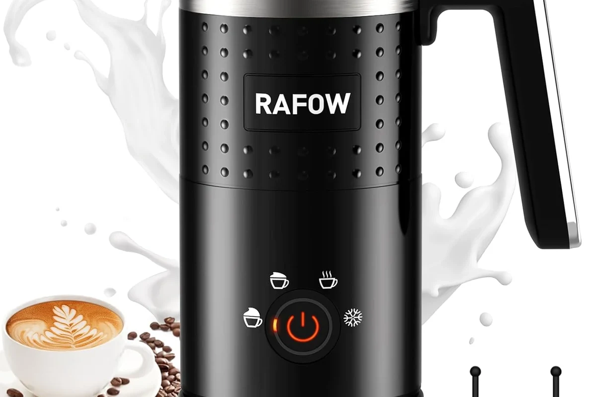 Electric milk frother making foam for coffee and hot chocolate in a home kitchen