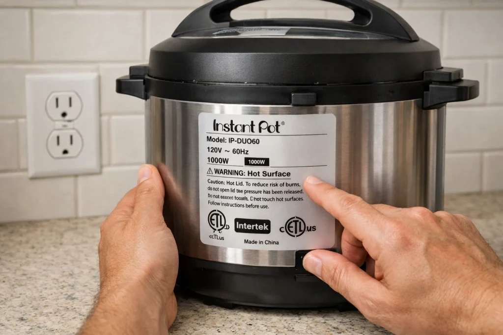 how many watts does an Instant Pot use rating label on kitchen appliance